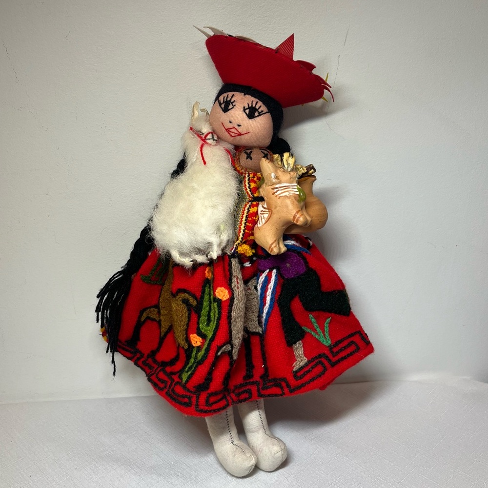 Vintage cloth doll South America Peru peasant woman wool dress babies lama pot